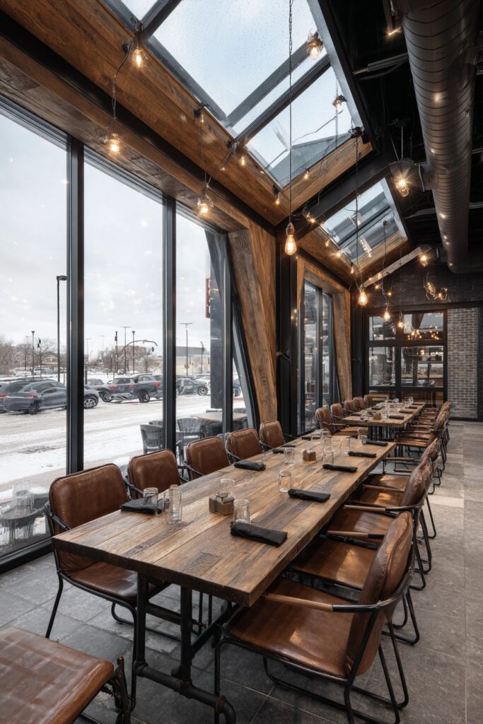 Reclaimed Wood Dining Integration with Steel Pipe Structure