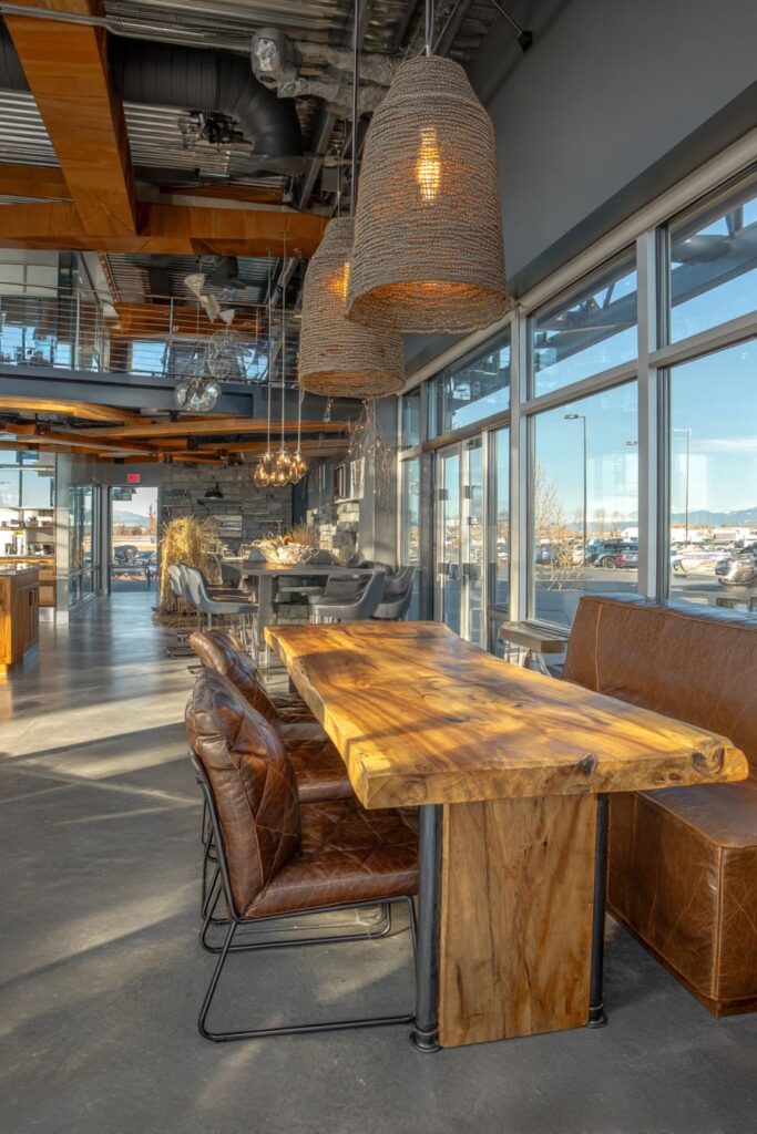 Reclaimed Wood Dining Integration with Steel Pipe Structure