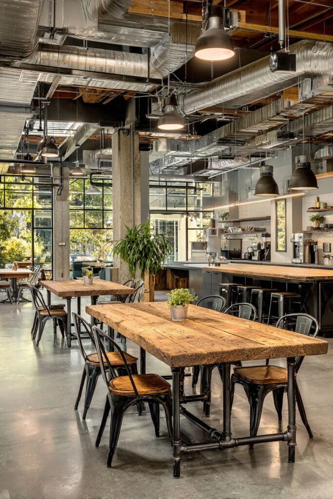 Reclaimed Wood Dining Integration with Steel Pipe Structure