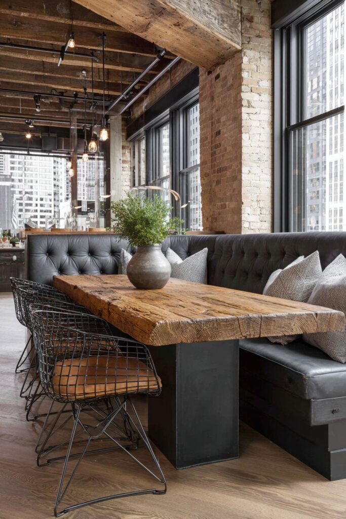Reclaimed Wood Dining Integration with Steel Pipe Structure