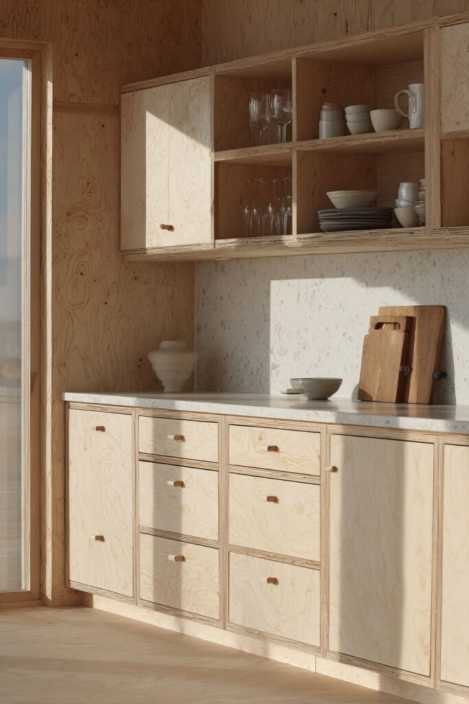 Scandinavian Birch Wood Cabinets with Minimal Hardware