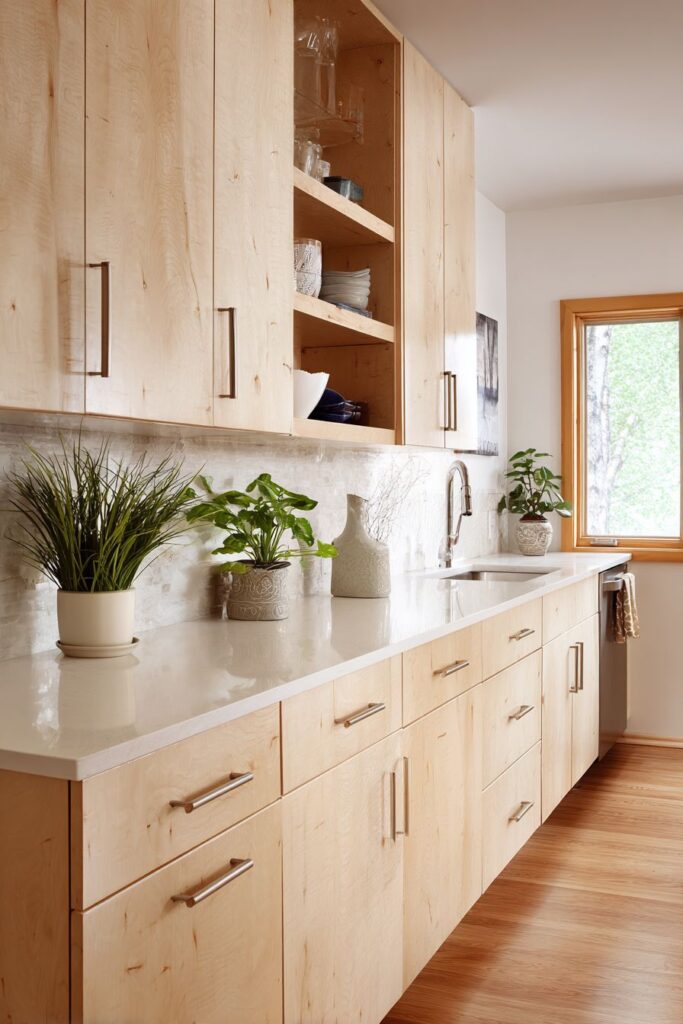 Scandinavian Birch Wood Cabinets with Minimal Hardware