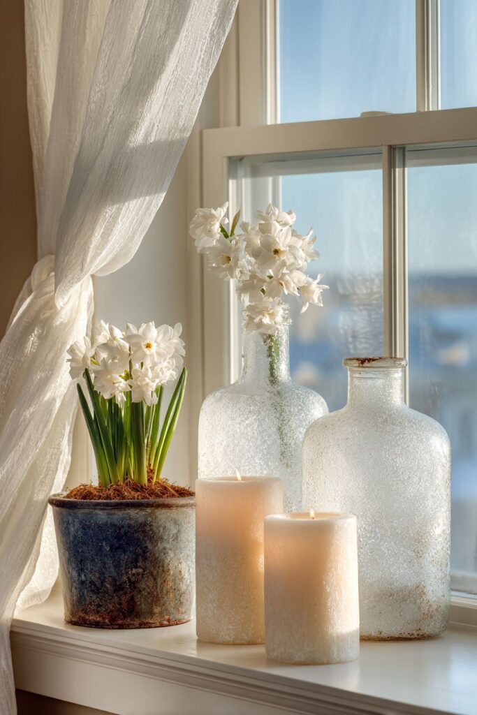 Window Sill Winter Vignette with Translucent Beauty