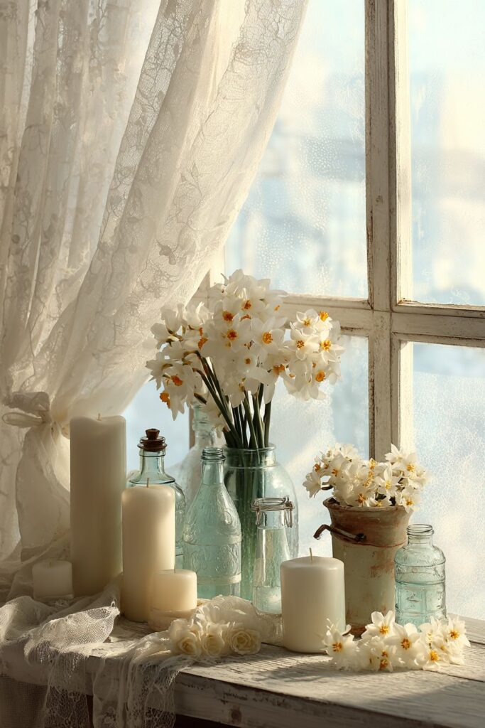Window Sill Winter Vignette with Translucent Beauty