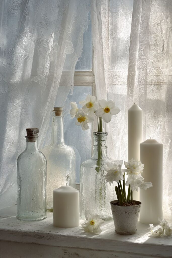 Window Sill Winter Vignette with Translucent Beauty