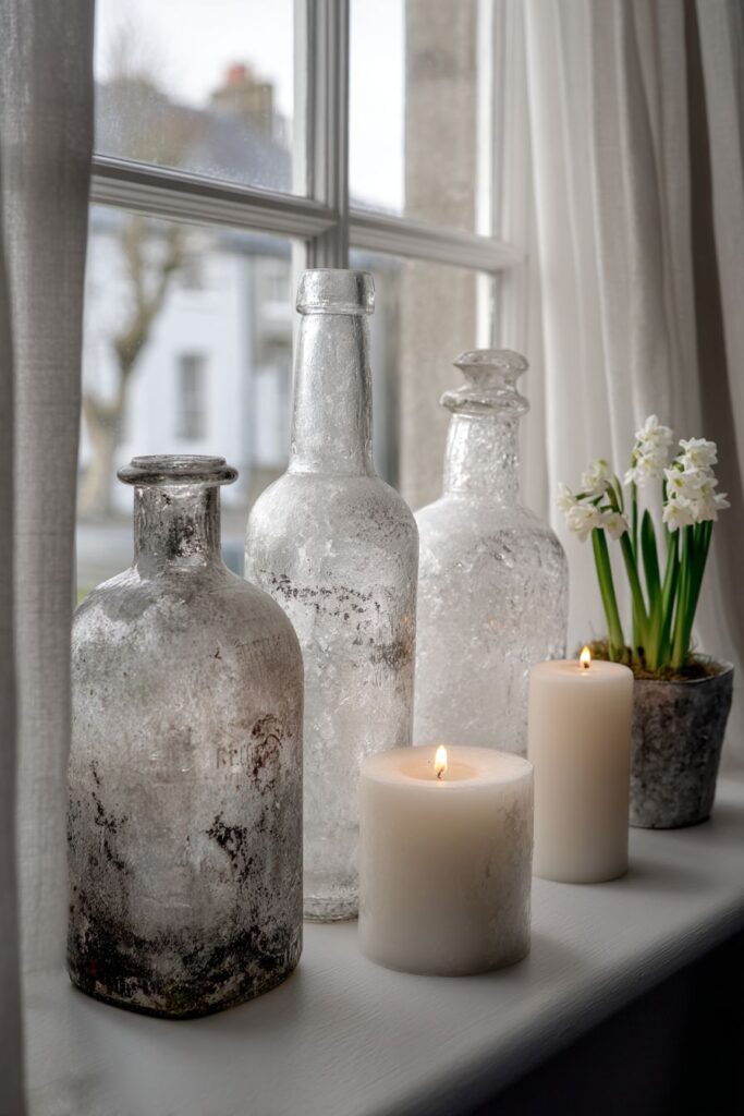 Window Sill Winter Vignette with Translucent Beauty