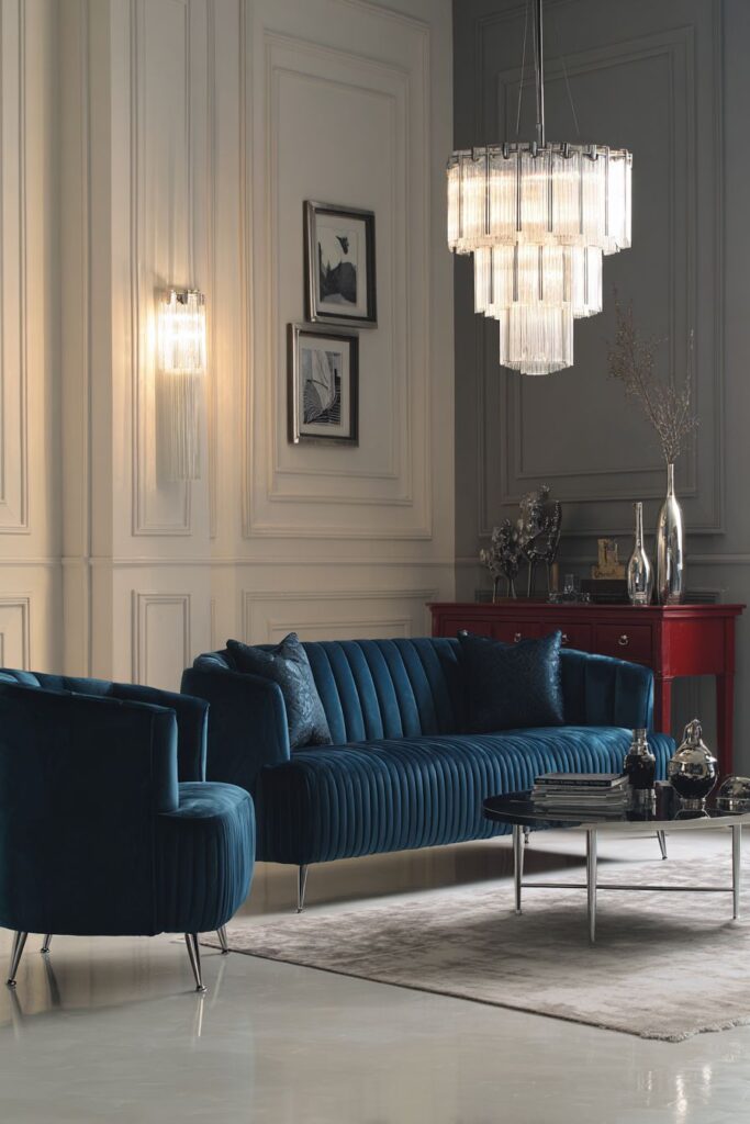 Chandelier Centerpiece with Navy Elegance