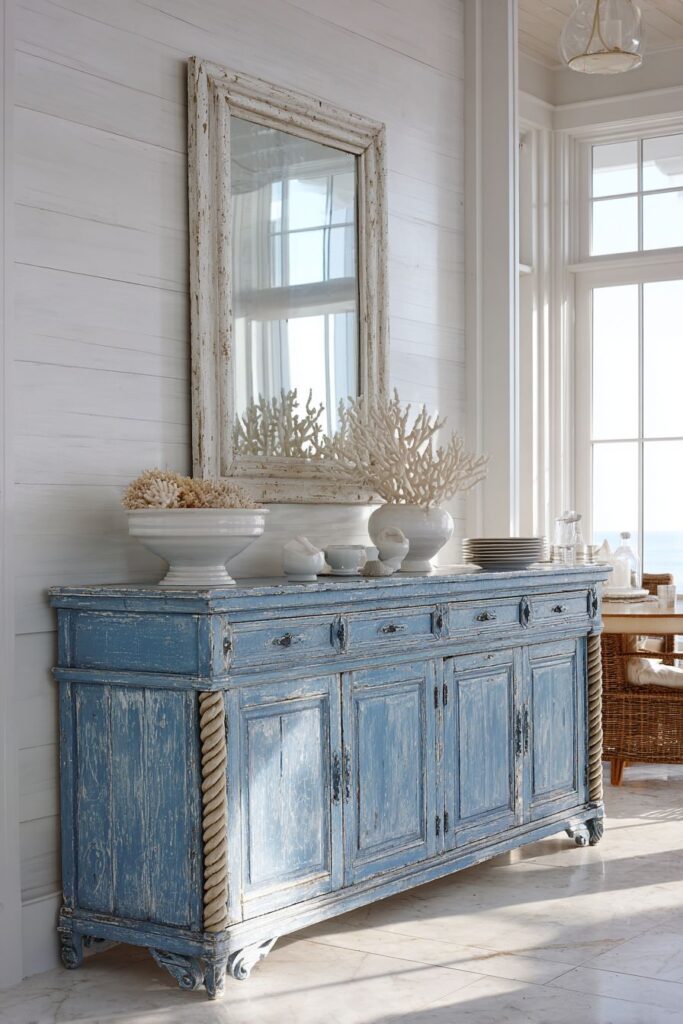 Coastal Weathered Blue Buffet with Nautical Details
