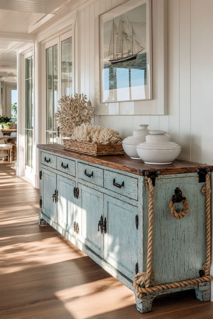 Coastal Weathered Blue Buffet with Nautical Details