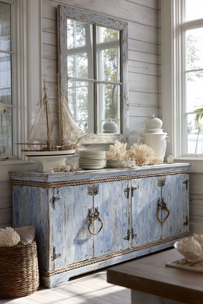 Coastal Weathered Blue Buffet with Nautical Details