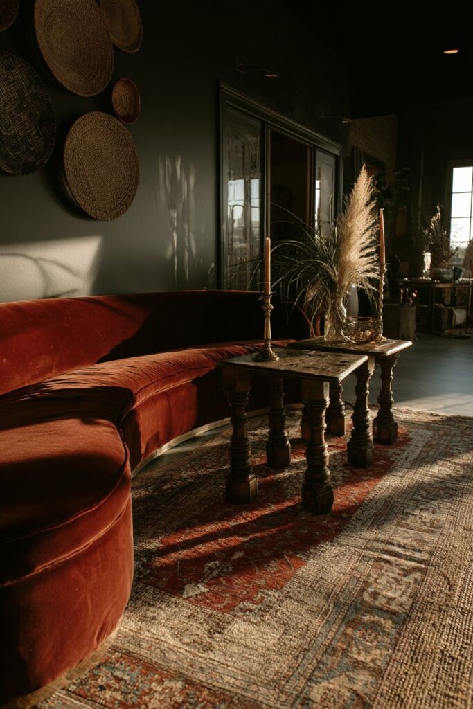 Plum Velvet Sofa with Multiple Layered Rugs