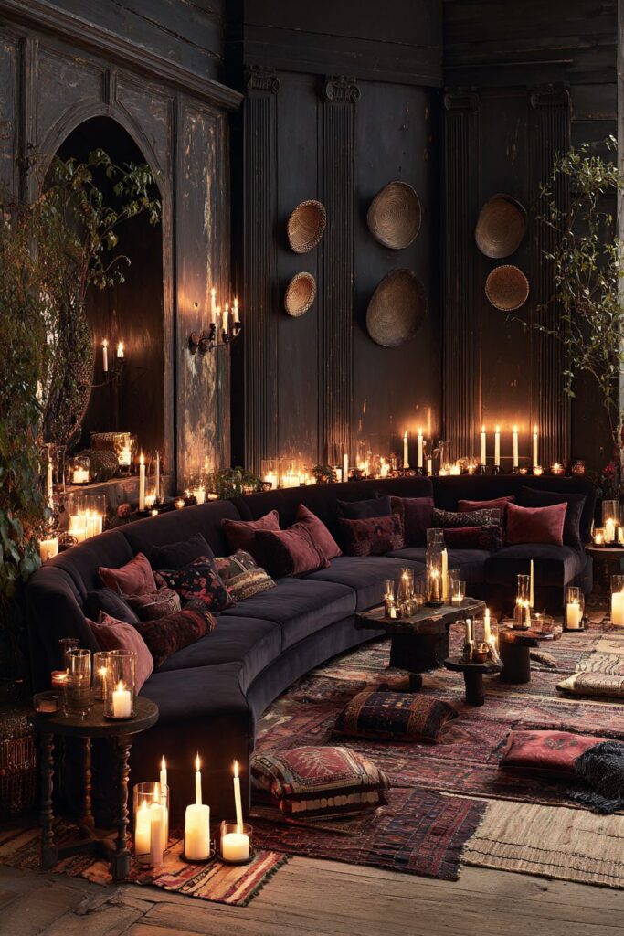 Plum Velvet Sofa with Multiple Layered Rugs