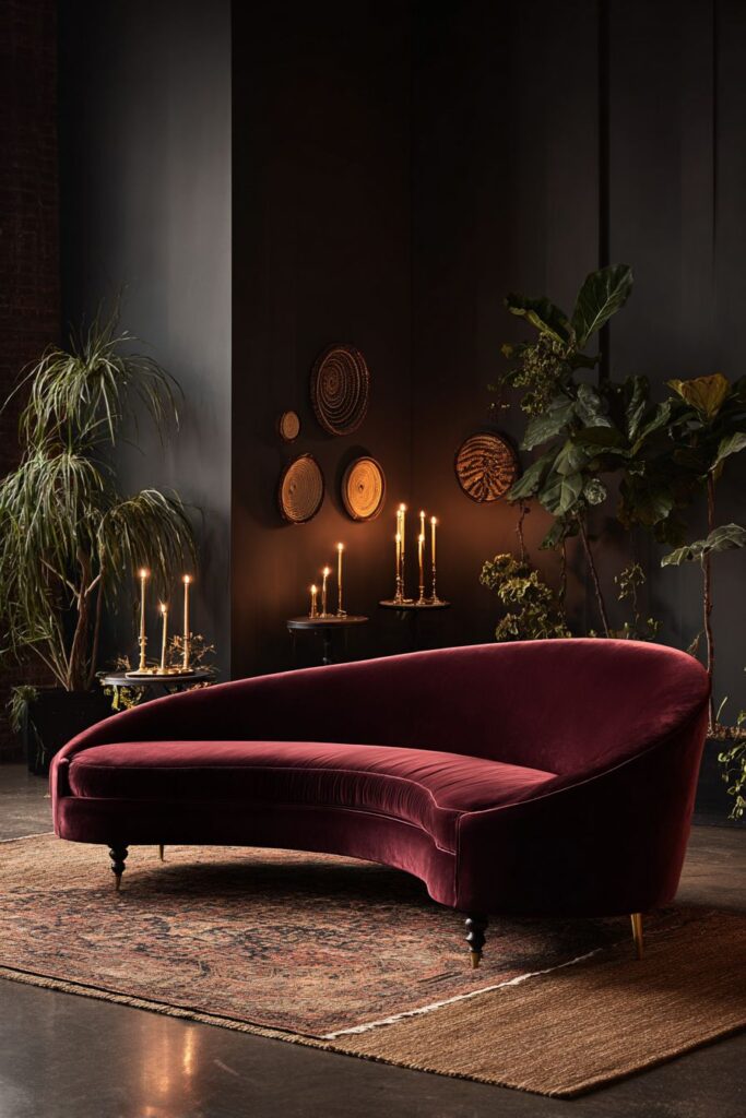 Plum Velvet Sofa with Multiple Layered Rugs