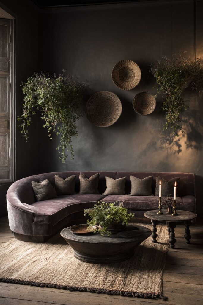 Plum Velvet Sofa with Multiple Layered Rugs