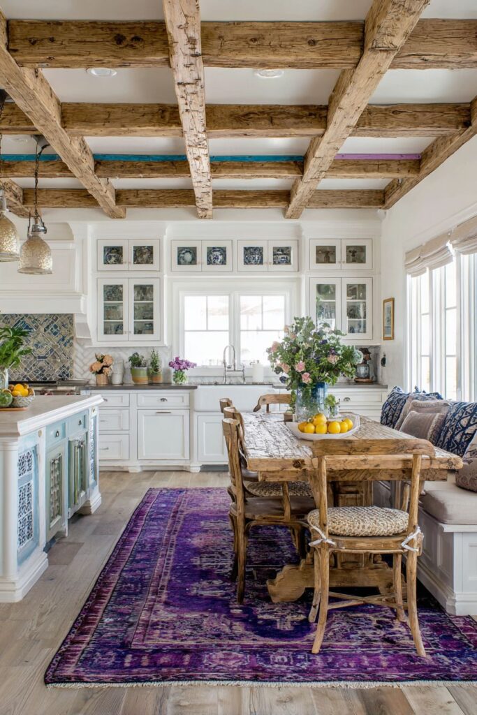 Colorful Ceiling Beams with Mixed Cabinet Styles