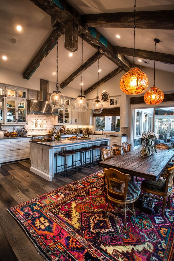 Colorful Ceiling Beams with Mixed Cabinet Styles