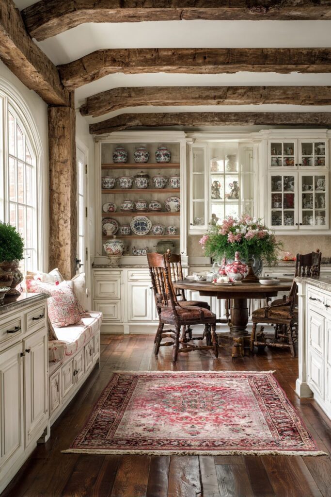 Colorful Ceiling Beams with Mixed Cabinet Styles