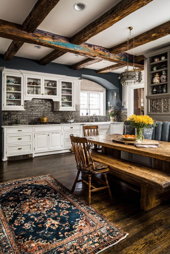 Colorful Ceiling Beams with Mixed Cabinet Styles