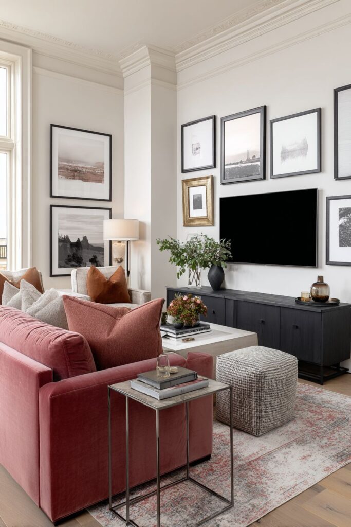 Gallery Wall Drama Above Minimal Furnishings