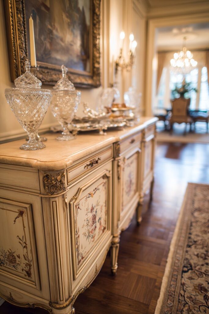 Marble-Topped Traditional Buffet with Brass Detailing