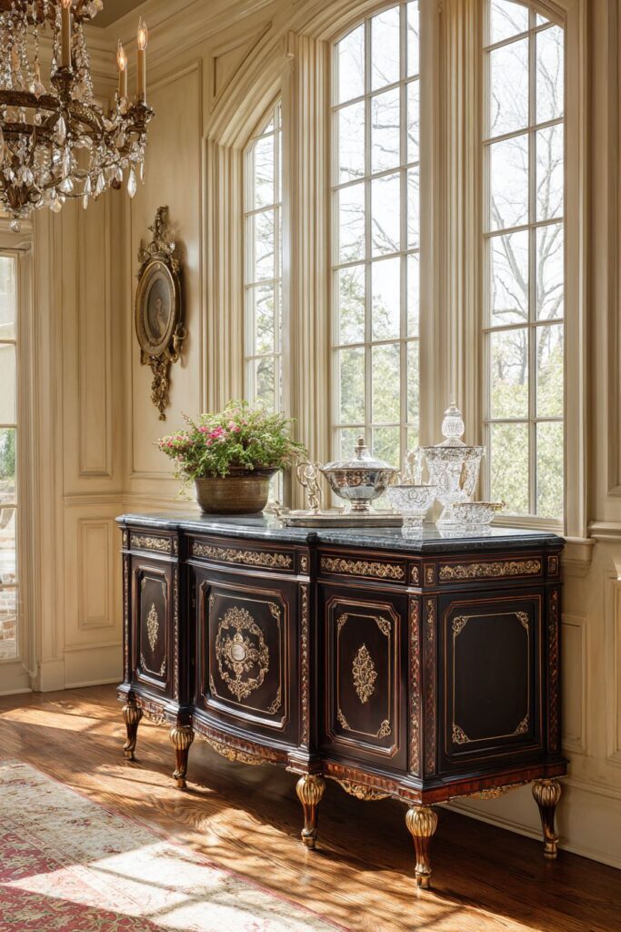 Marble-Topped Traditional Buffet with Brass Detailing
