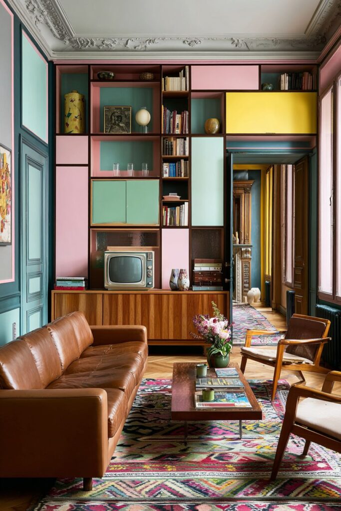 Asymmetric Color-Blocked Media Wall with Vintage Technology