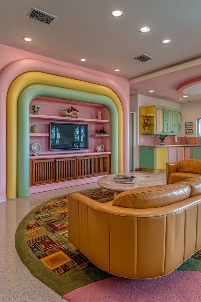 Asymmetric Color-Blocked Media Wall with Vintage Technology