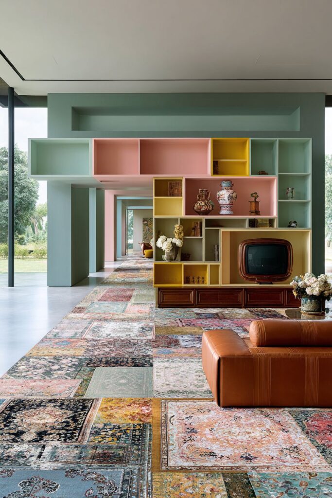 Asymmetric Color-Blocked Media Wall with Vintage Technology