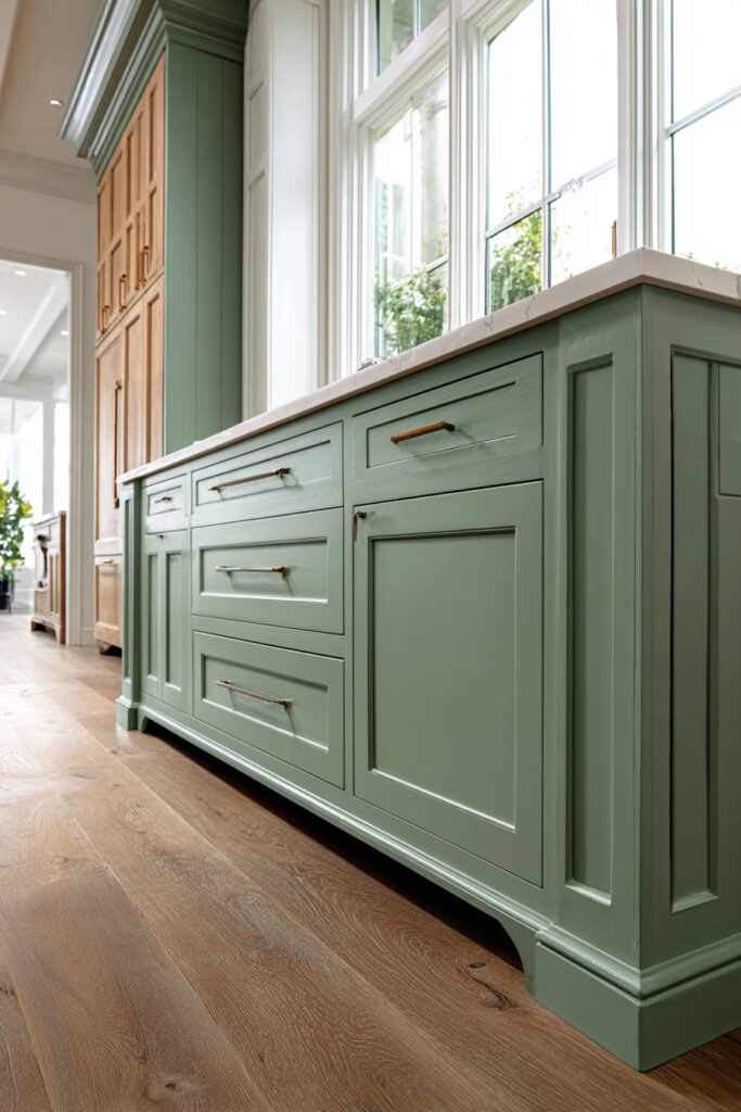 Transitional Sage Green and Oak Two-Tone Cabinets