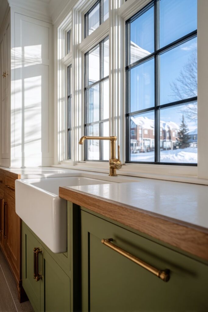 Transitional Sage Green and Oak Two-Tone Cabinets