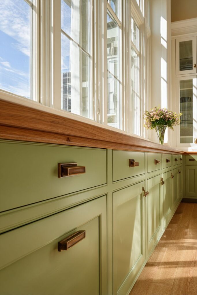 Transitional Sage Green and Oak Two-Tone Cabinets
