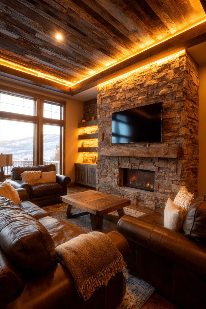 Rustic Modern LED Integration with Reclaimed Wood Beams