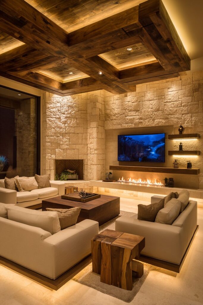 Rustic Modern LED Integration with Reclaimed Wood Beams