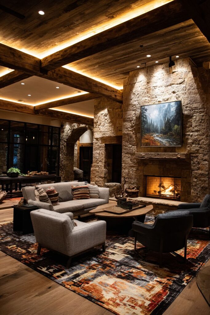 Rustic Modern LED Integration with Reclaimed Wood Beams