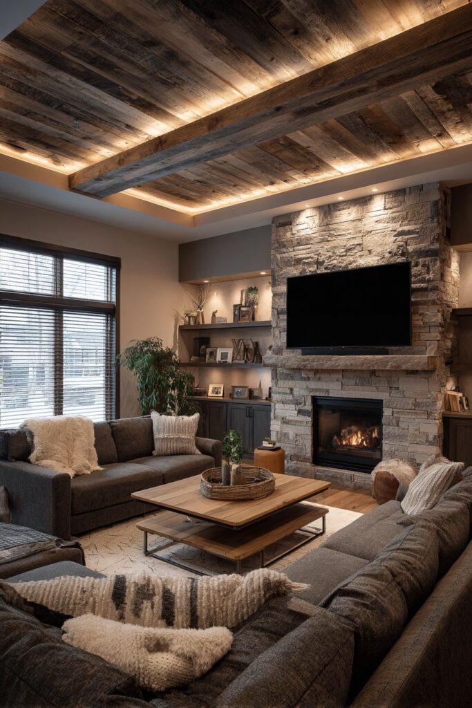 Rustic Modern LED Integration with Reclaimed Wood Beams