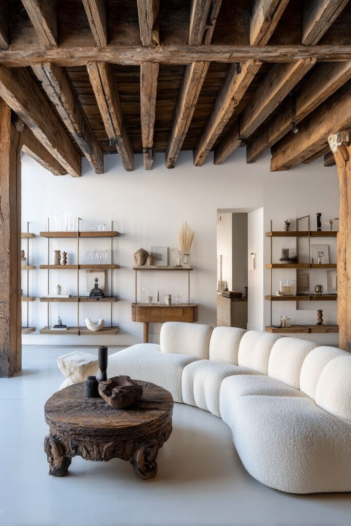 Bouclé Comfort Meets Carved Wood Craftsmanship