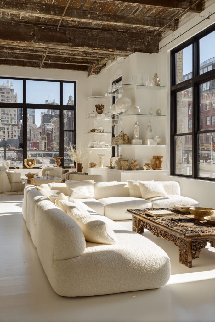 Bouclé Comfort Meets Carved Wood Craftsmanship