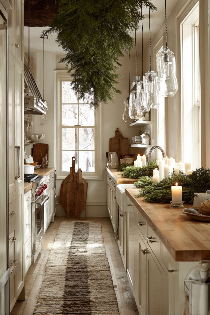 Galley Kitchen Winter Romance with Evergreen Runner