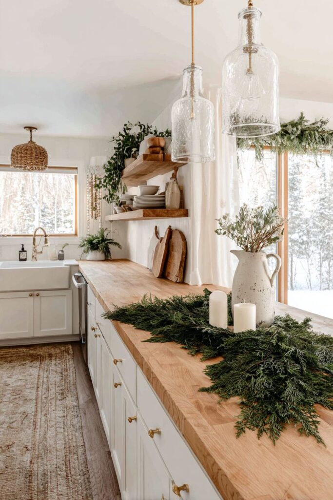 Galley Kitchen Winter Romance with Evergreen Runner