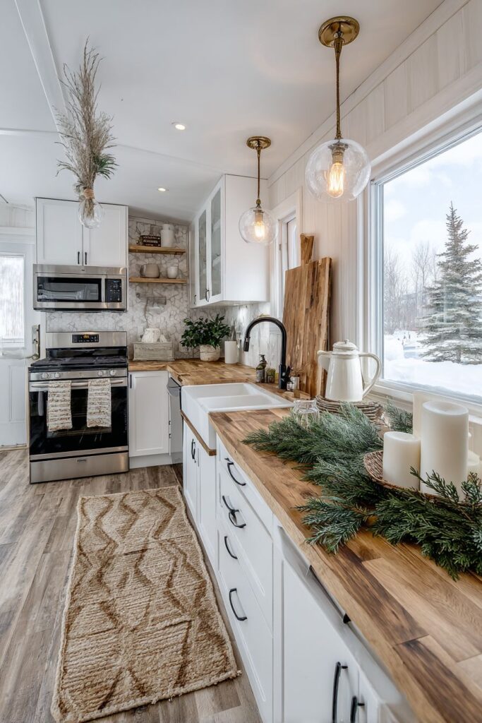 Galley Kitchen Winter Romance with Evergreen Runner