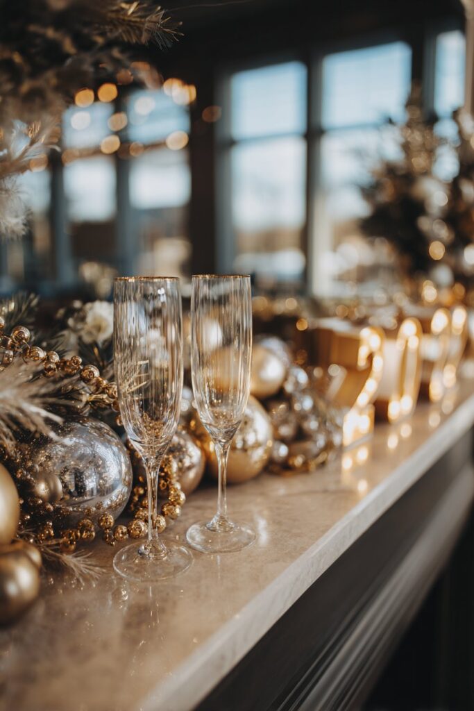 Elegant Living Room Mantel Display with Metallic Grandeur