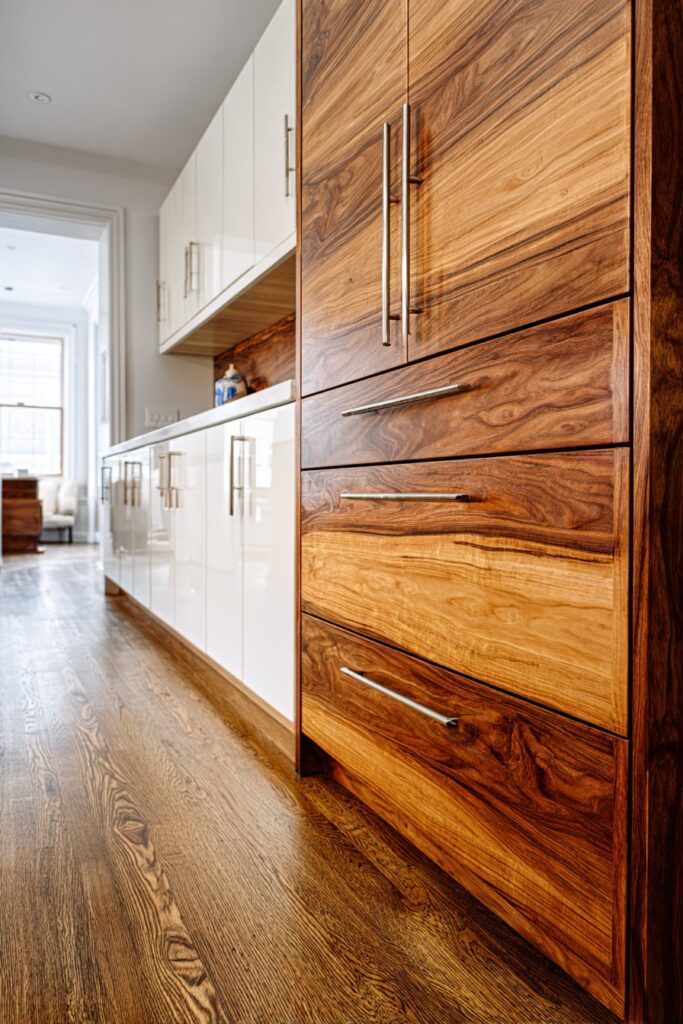 Flat-Front Slab Cabinets in Warm Wood Tones