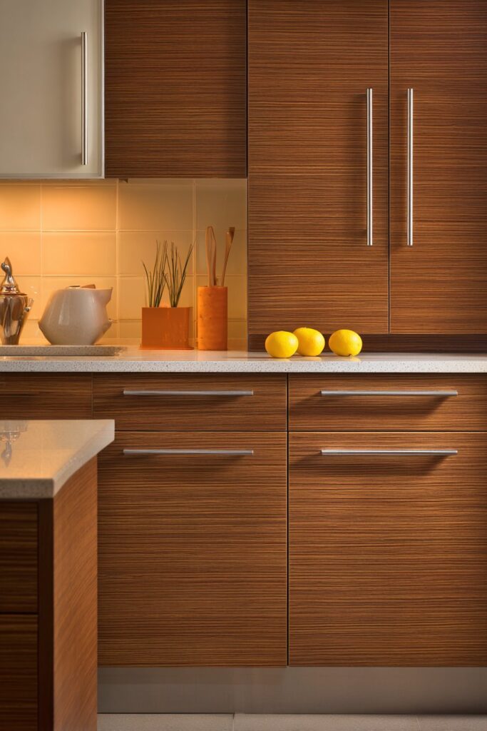 Flat-Front Slab Cabinets in Warm Wood Tones