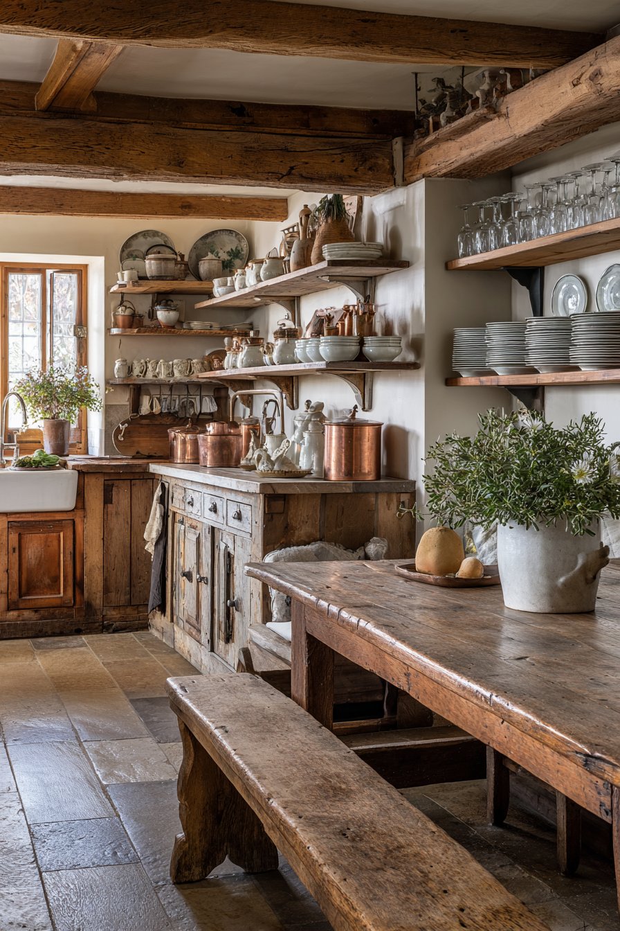 Distressed Wood Furniture and Open Shelving