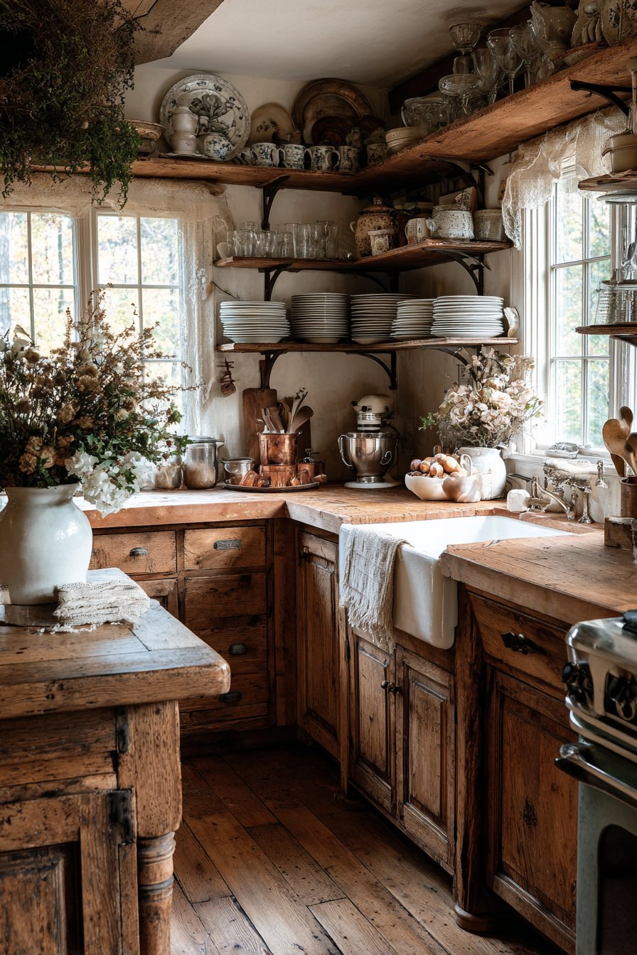 Distressed Wood Furniture and Open Shelving
