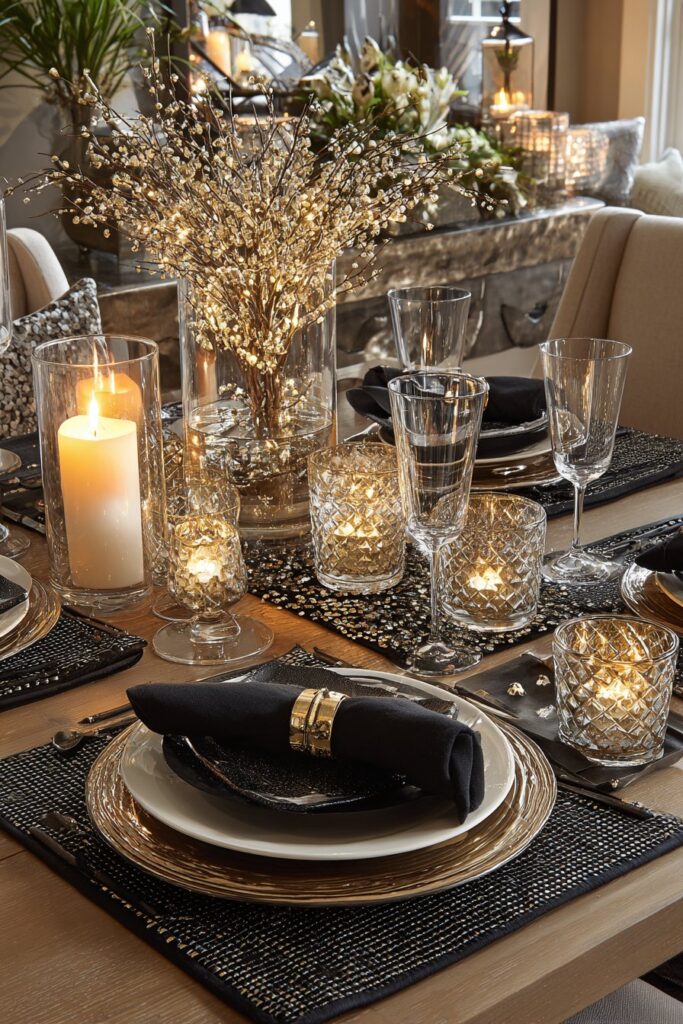 Sophisticated Black, Gold, and White Dining Table Setting