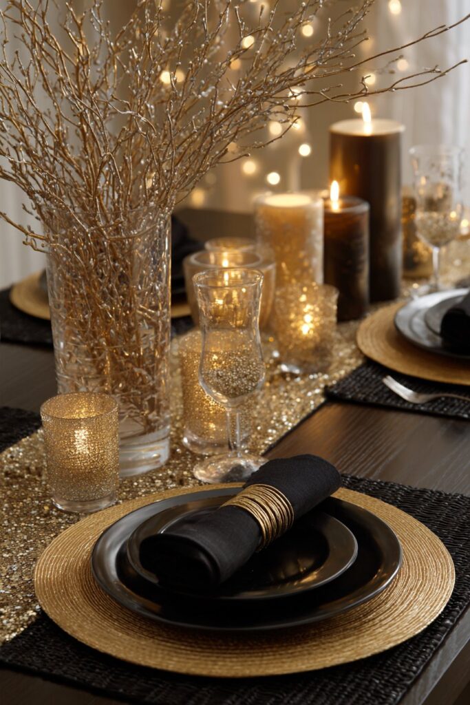 Sophisticated Black, Gold, and White Dining Table Setting
