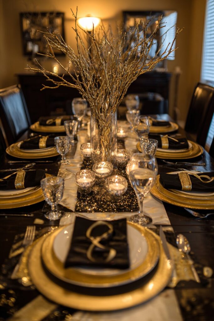 Sophisticated Black, Gold, and White Dining Table Setting