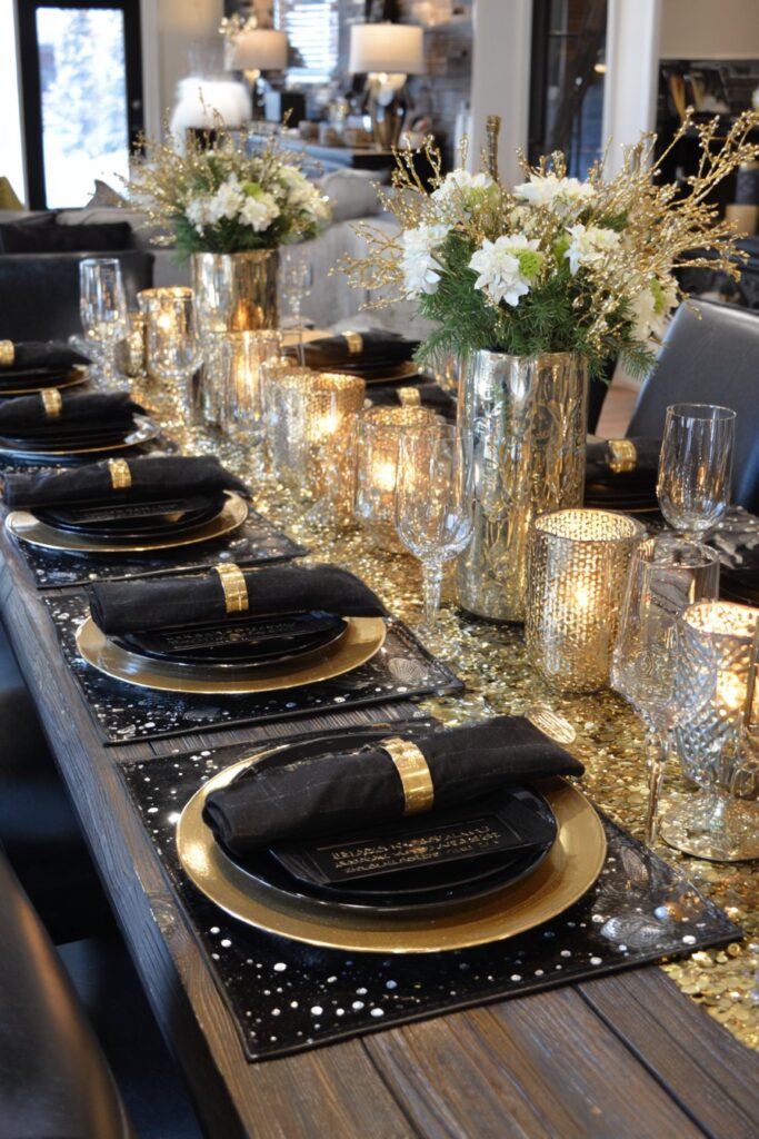 Sophisticated Black, Gold, and White Dining Table Setting