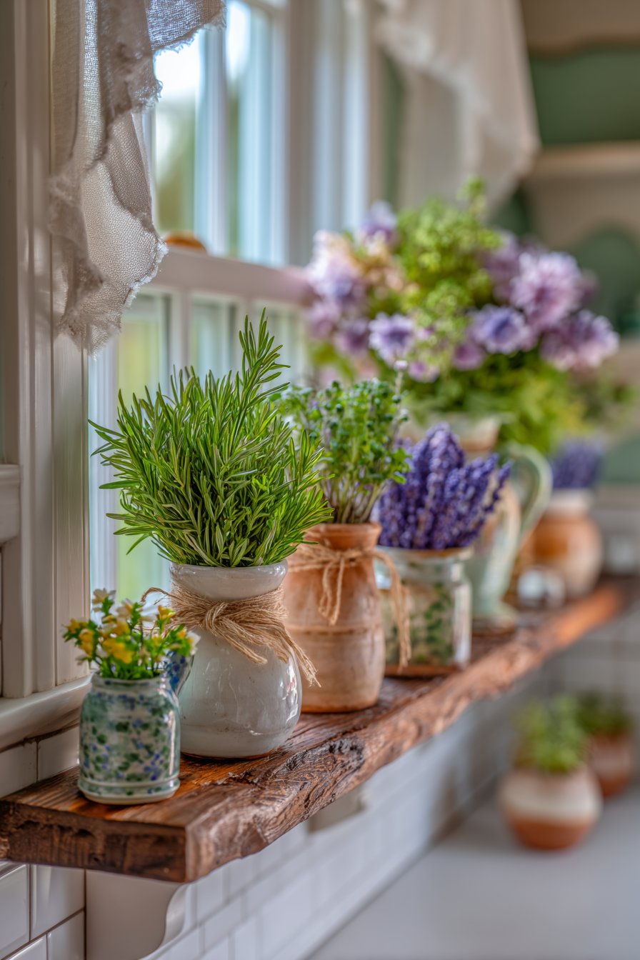 Fresh Herbs and Flowers in Simple Vessels